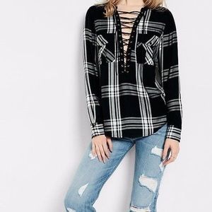 Express Black White Plaid Flannel Lace Up Shirt